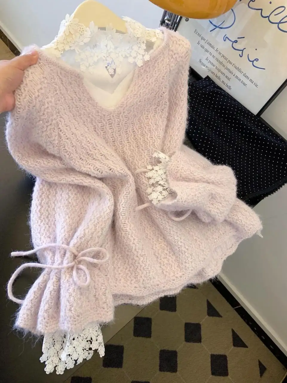 

Фиолетовый мягкий вязаный свитер женский свободного кроя с длинным рукавом, V-образным вырезом, осенне-зимний, в корейском стиле, удобный, теплый, модный топ