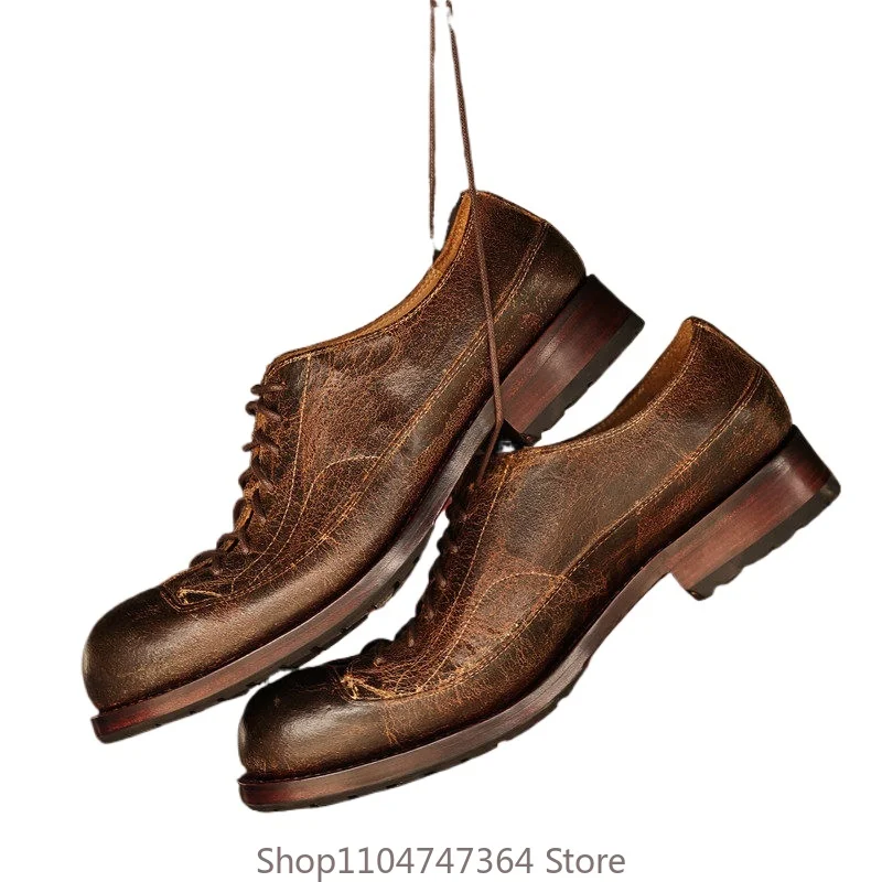 Handmade Genuine Leather Thick Sole Casual Work Shoes Men's Low Top Round Toe Fashion Dress Cowhide Wedding Male Mocassin Homme