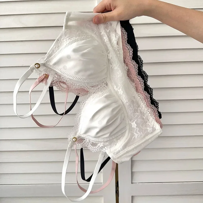 Lingerie francesa de renda com copo triangular doce para meninas, sutiã fino e fechado