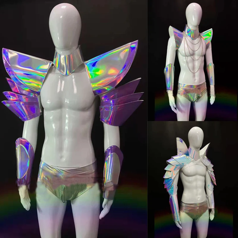 

Laser Silver 3D Multi-Layer Flying Shoulder Briefs Pole Dance Clothing Nightclub DJ Ds Male Gogo Costumes Featival Outfit XS3720