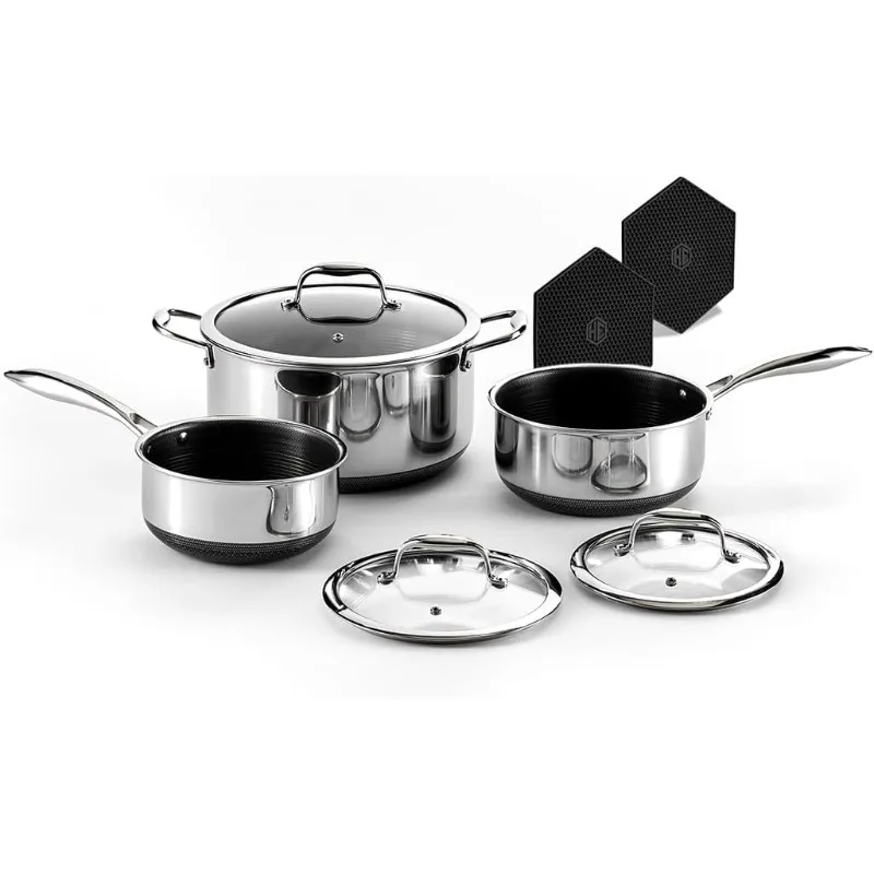 

Hybrid Nonstick 6-Piece Pot Set with Trivets, 2, 3, and 8-Quart Pots with Tempered Glass Lids, 2 Silicone Trivets Included