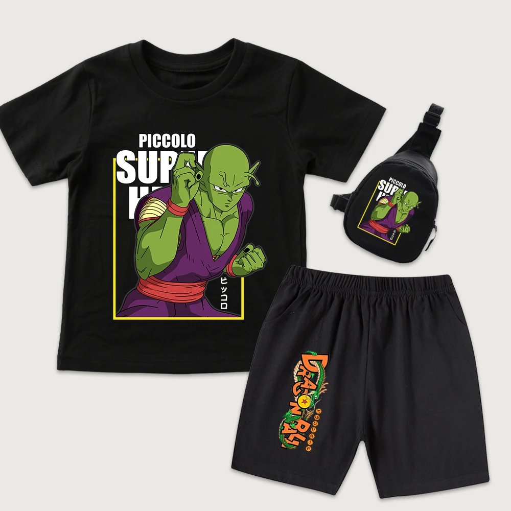 Dbz Piccolo Anime Print Cotton T Shirt Shorts Mini Chest Bag 3Pcs Set Kids Casual Outfit for Boys Girls Summer Clothes