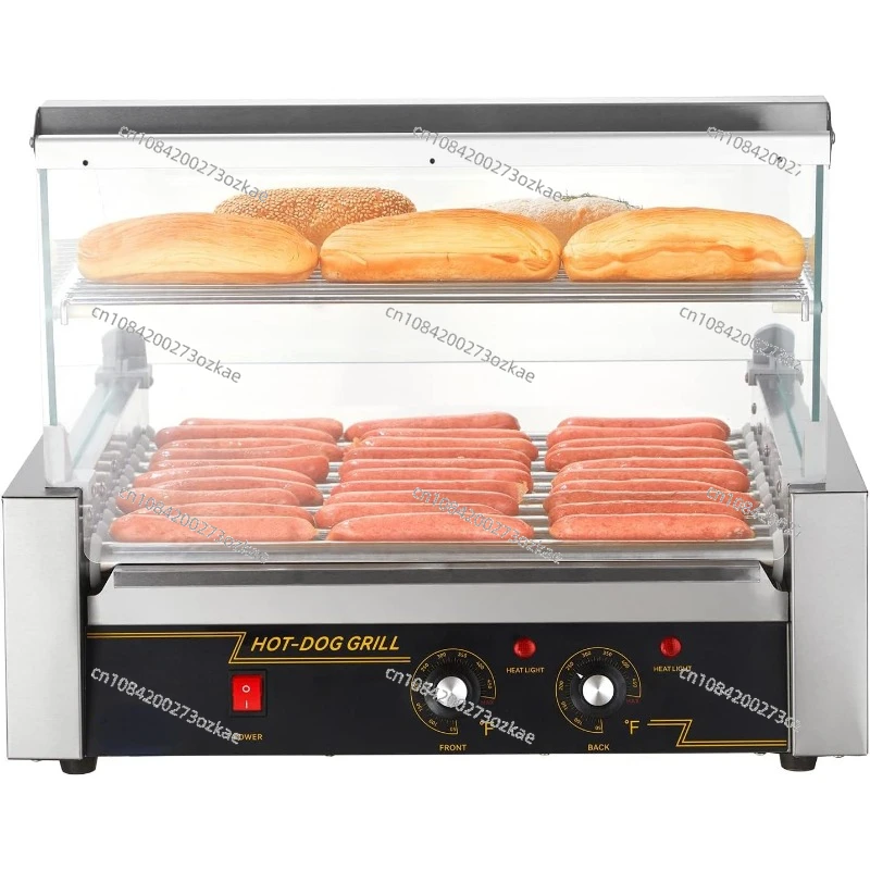 Hot Dog Roller 5 Rollers 12 Hot Dogs Capacity, 750W Stainless Sausage Grill Cooker Machine, Dual Temp Control Glass Hood