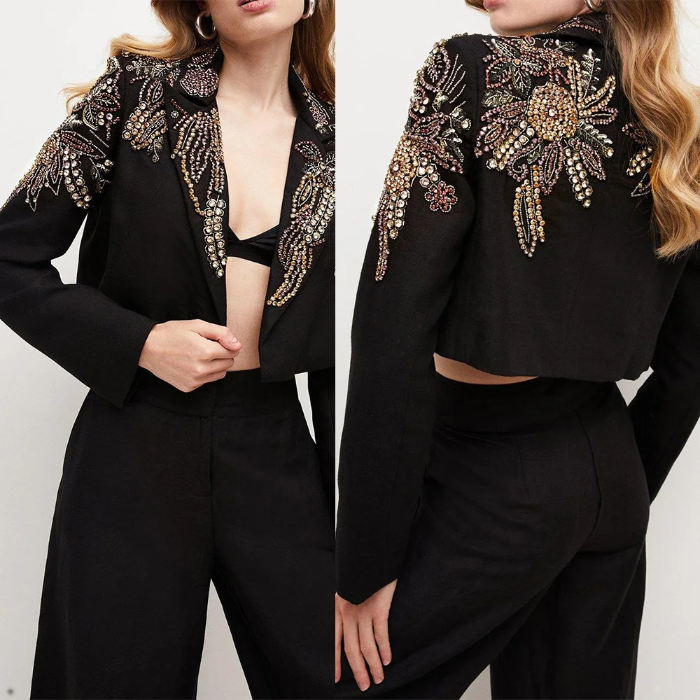 Fashionable Women Pants Suits 2 Pcs Beaded Short Blazer Jacket Trousers Suits Wedding Guest Formal Wear Evenings Party Outfit