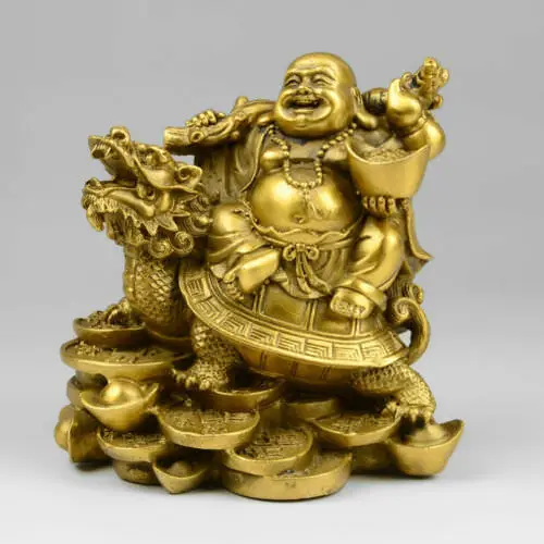 

Chinese Brass Laugh Maitreya Buddha Sit Dragon Turtle Statue