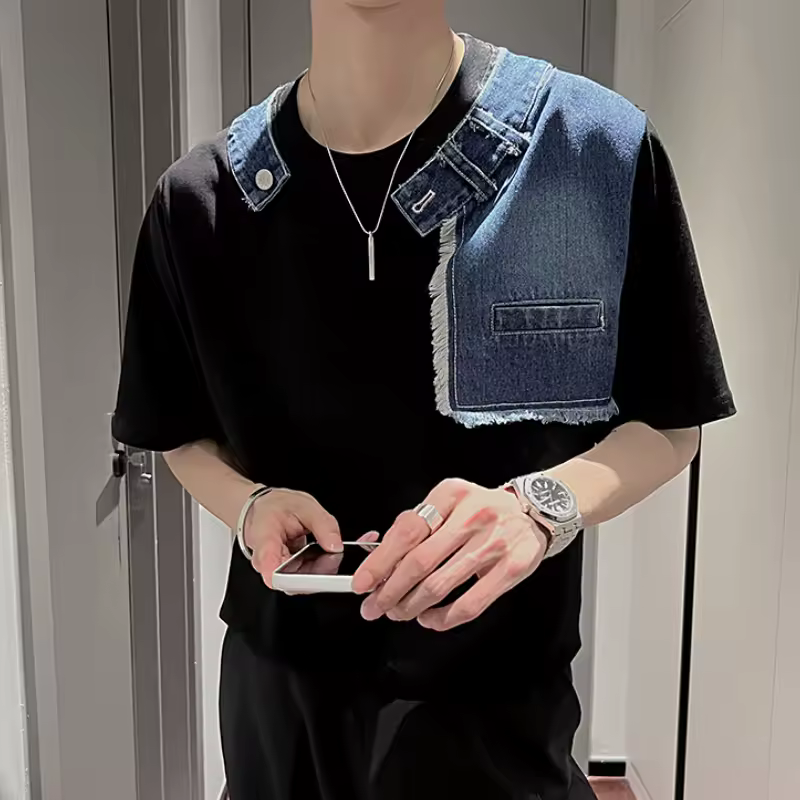 T-shirt patchwork in denim coreano finto in due pezzi T-shirt estiva da uomo manica corta allentata casual T-shirt sociale streetwear Harajuku