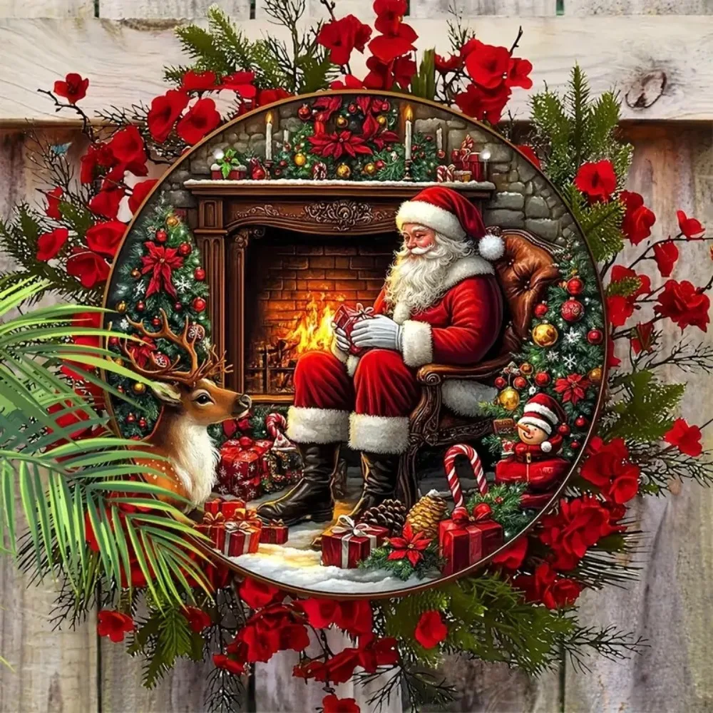 1 Stück Vintage Weihnachtsmann kreisförmiges 2D-Holzschild, geeignet für Häuser, Wohnzimmer, Garagen, Cafés, Weihnachtsdekorationen, Geschenk