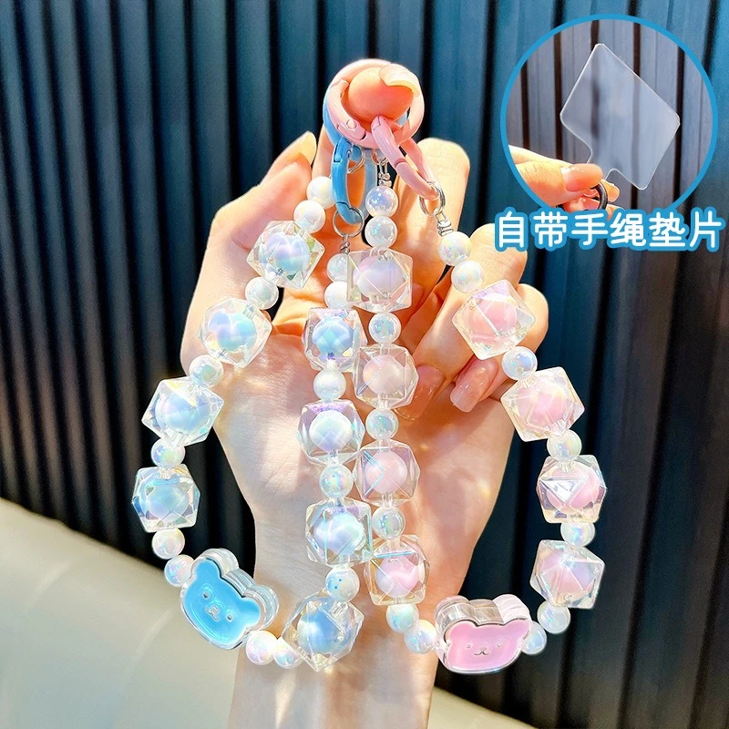 

Sweet Candy Color Mobile Phone Chain Cute Bear Beaded Cellphone Pendant Charms Cell Phone Case Anti-loss Lanyard Jewelry Gifts