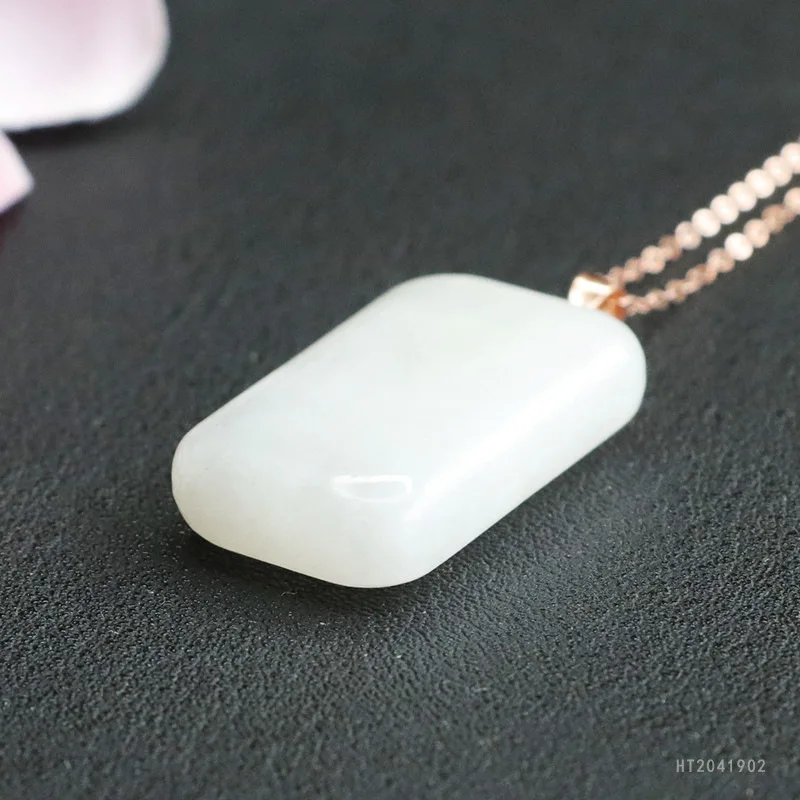 

S925 Silver Square Plaque Pendant Natural White Hetian Jade Minimalist HT2041902