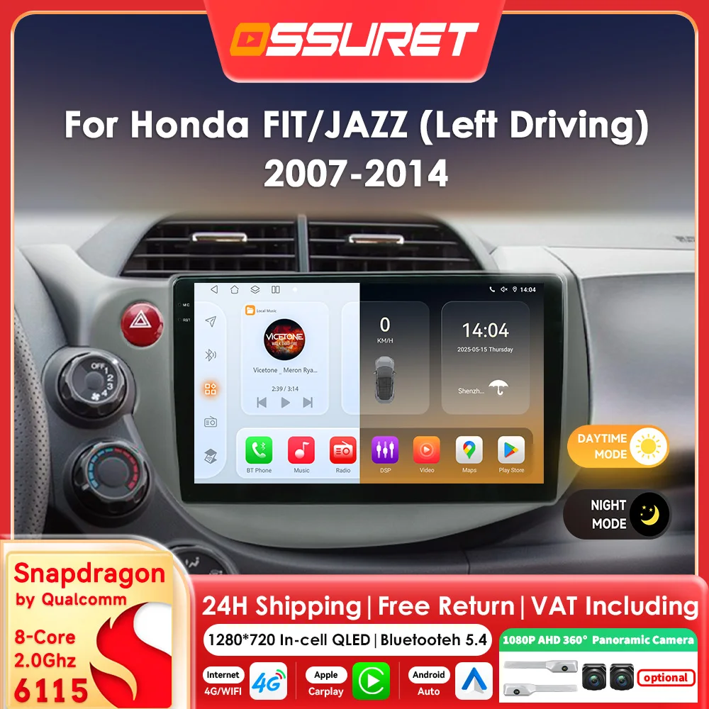 6115 8 Core Carplay Android 14 Autoradio für Honda Fit Jazz 2007 2008-2014 Multimedia-Player 360 Kamera Autoradio GPS BT Bildschirm