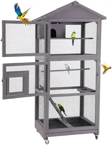 Wooden Large Bird Cage with Wheels – Mobile Outdoor Aviary with Play Stand, Perches & Nest, Easy-Clean Mesh Design