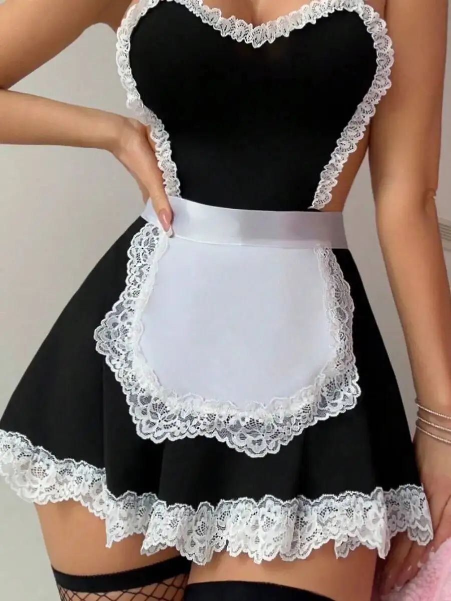 Sexy halter pescoço fenda oco rendas aparadas de volta empregada sem costas profundo v suspensórios vestido sem mangas com avental doce casaul fxi1