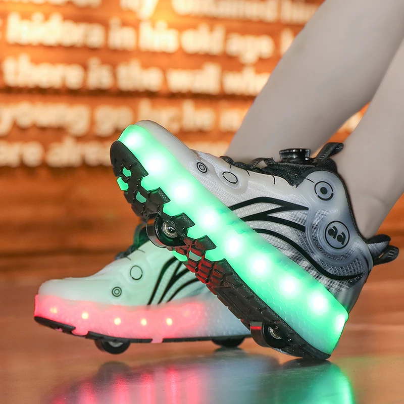 

Крутые светящиеся туфли на колесиках, универсальный дизайн для мальчиков и девочек, двухколесные светодиодные детские коньки, кроссовки для мальчиков и девочек, размер 29-40