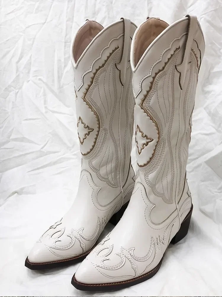 

Vintage Embroidered Cowboy Boots White Knee-High Leather Versatile Knight Botines Slip-On Women Botas Femininas Chaussure Femme