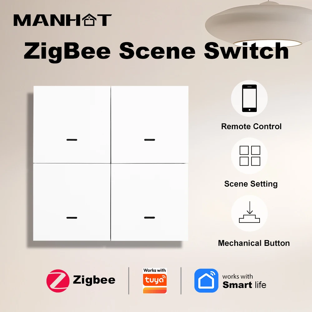 

Manhot ZigBee Wireless 4 Gang Scene Switch 12 Scene Push Button Controller Battery Powered Automation Scenario for Tuya Devices