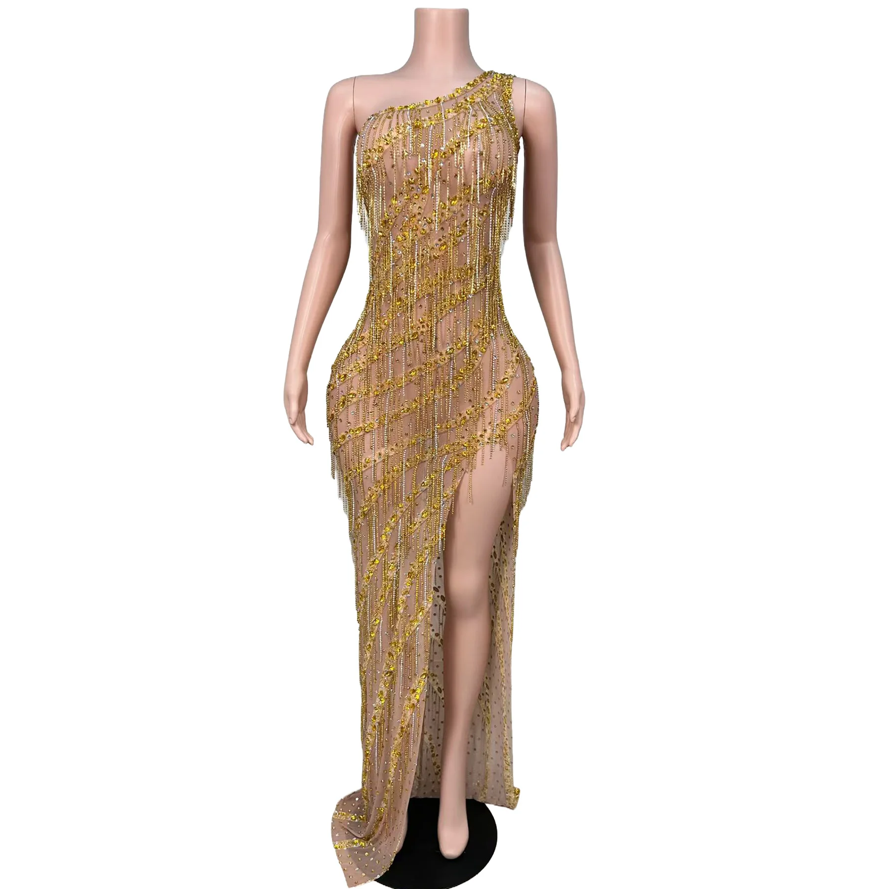 Fuguang Shiny All Over Gold Tassel Fringe Rhinestone Nude Mesh Long Mermaid Dress One Shoulder High Split Photoshoot Outfit