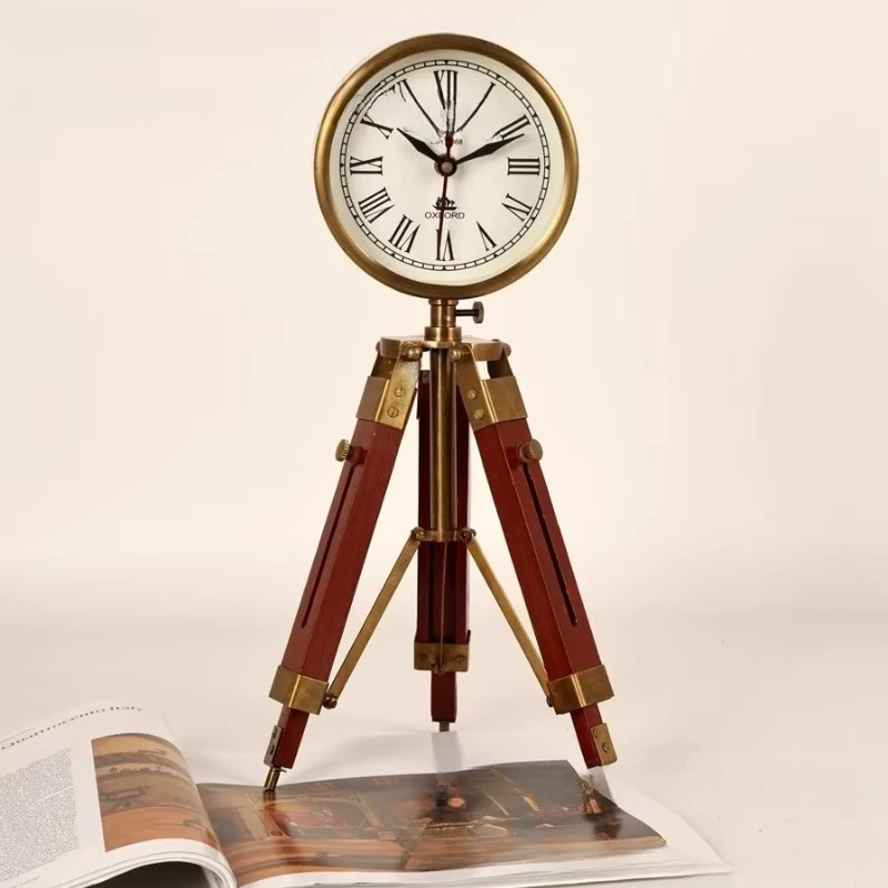 Vintage Tripod Table Clock, Metal Desktop Decor Ornament for Study Villa Model Room & Movie Shooting Prop