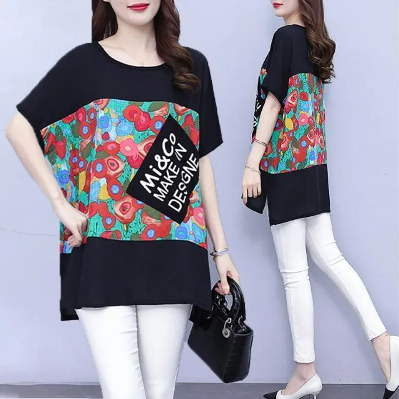 Female Clothing Printed Stylish Letter Pockets Patchwork Pullovers Casual Loose Split All-match Summer Korean Round Neck T-shirt