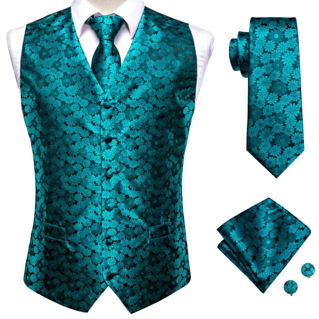 

Hi-Tie Teal Green Silk Mens Vest Tie Hanky Cufflinks Set Jacquard Floral Waistcoat Jacket Necktie for Male Wedding Business XXXL