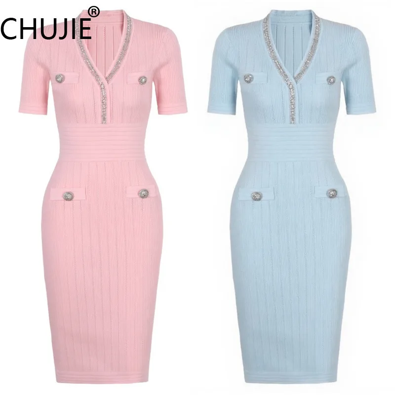 فستان صيفي محبوك بأكمام قصيرة ورقبة على شكل حرف V من CHUJIE 2025، فستان ضيق مطرز بقصة ضيقة، زي متعدد الاستخدامات عالي الجودة
