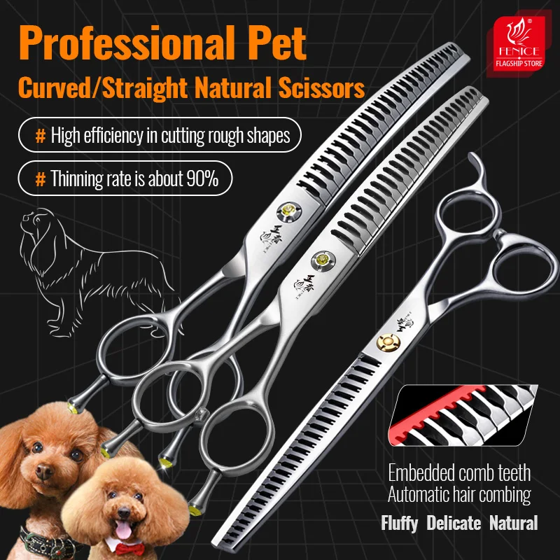 

Fenice High-end 7.0 inch JP VG10 Pet Grooming Straight Curved Natural Traceless Scissors Set Gradient Teeth Thinning rate 90%