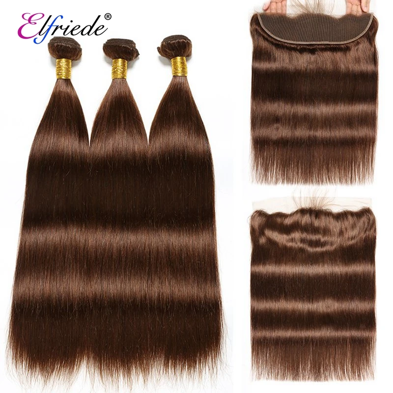 Elfriede #4 Chocolate Brown Straight Hair Bundles with Frontal Brazilian 100% Human Hair Wefts 3 Bundles with Lace Frontal 13x4