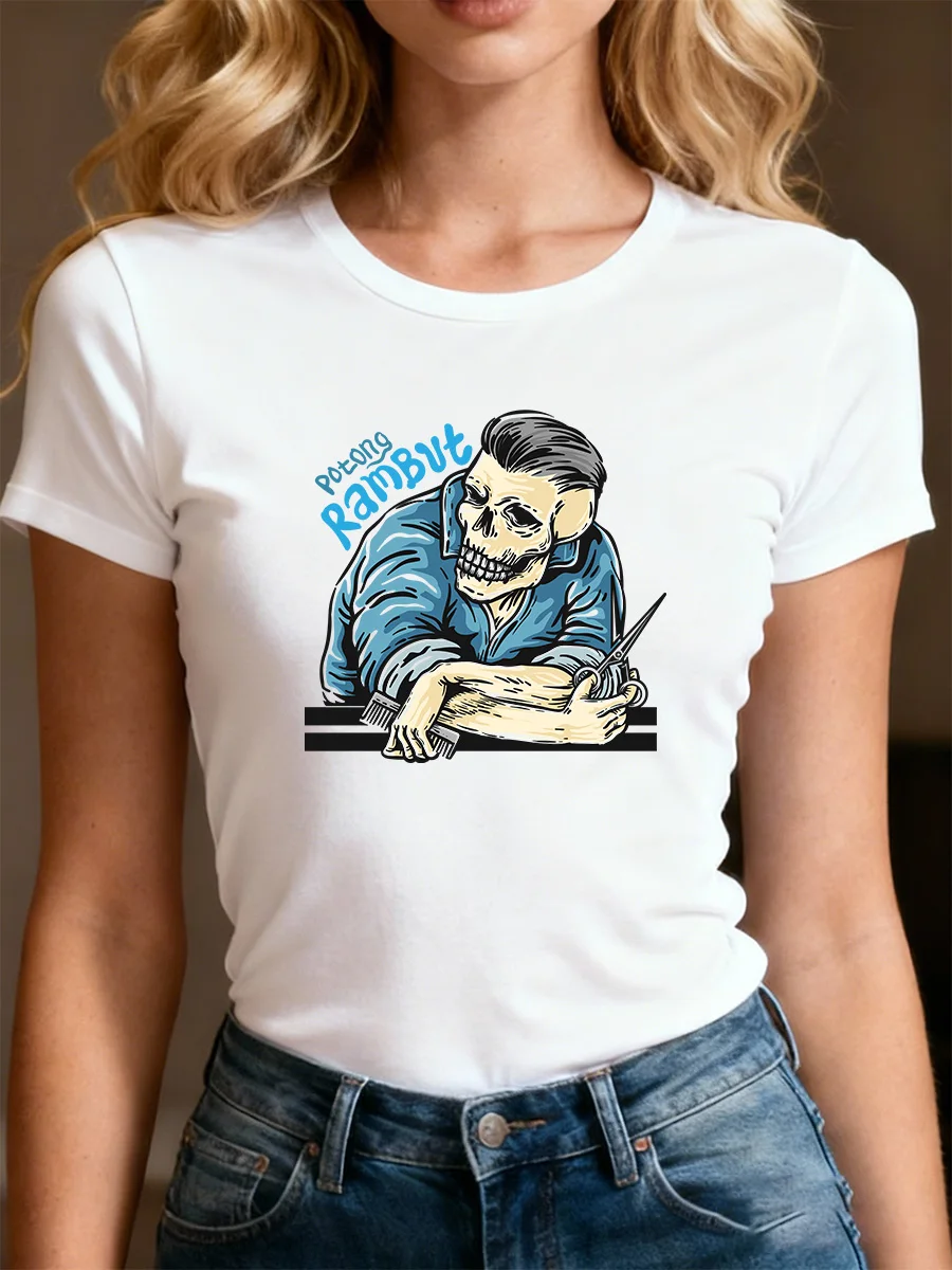 Белая футболка с коротким рукавом и рисунком черепа для парикмахера, текст «Patiala Rabbut», дизайн с круглым вырезом, повседневный модный топ для женщин