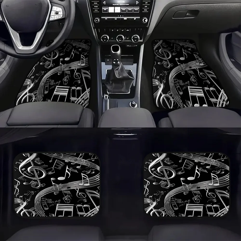 Set Of 4 SUV Floor Mats Featuring A Musical Notes Pattern, Perfect For Off-Road Vehicles Or Camping. They Offer Easy-To-Clean Su
