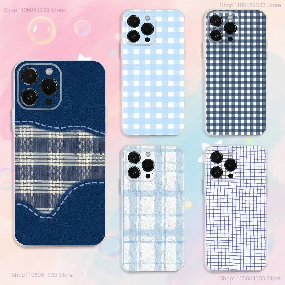 

Ins Korean Blue Striped Grid Phone Case For iPhone 17,16,15,14,13,12,11 Plus,Pro,Max,XR,XS,Plus,E,SE4,Mini Transparent Cover