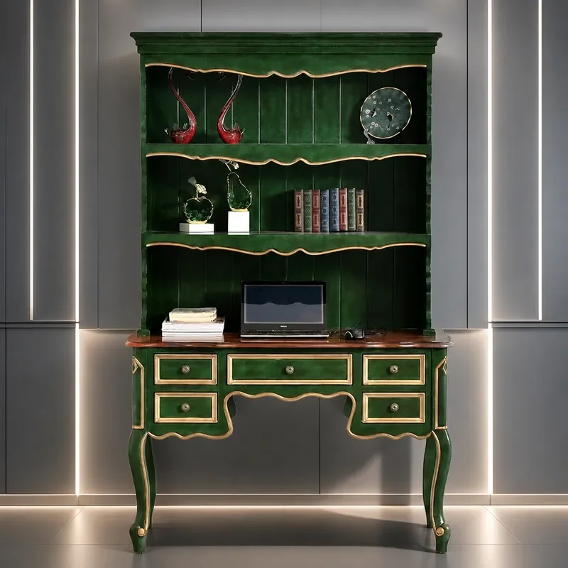 American Solid Wood Desk Simple Study Table Retro Green Writing Computer Desk with Chair Home Office Storage Cabinet