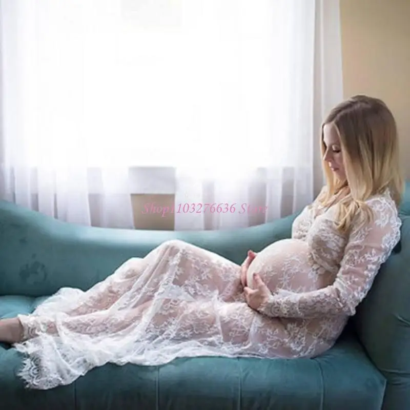 R6FD Wedding Ready Maternity Gown Long Sleeve V Neck Sheer Lace Bodycon Train Detail