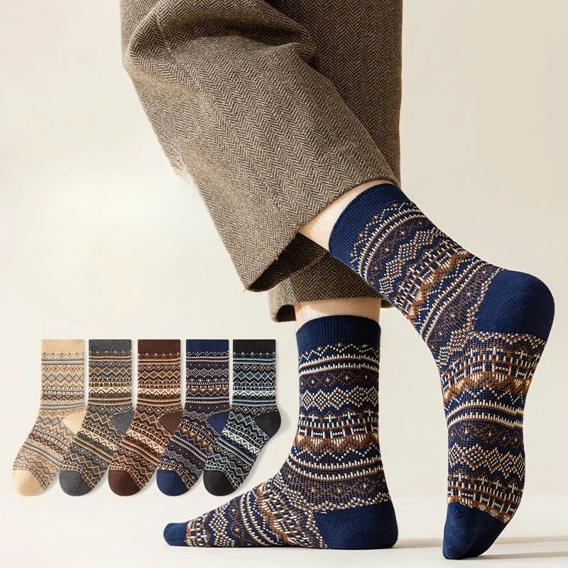 

1/5 пар повседневных удобных толстых теплых длинных носков, мужские осенне-зимние новые ретро носки средней длины, модные универсальные мужские носки