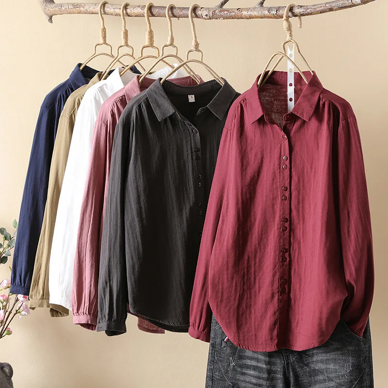 Cotton Yarn Dark Red Shirts Women Japan Style Autumn Skin-Friendly Casual Long Sleeve Shirt Blouse Soft Backing Shirt