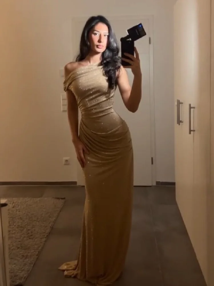 Elegantes Einschultriges Paillettenkleid Schickes Sexy Rückenfreies Falten-Design Figurbetontes Langes Abendkleid 2026 NEU Party-Abendoutfit
