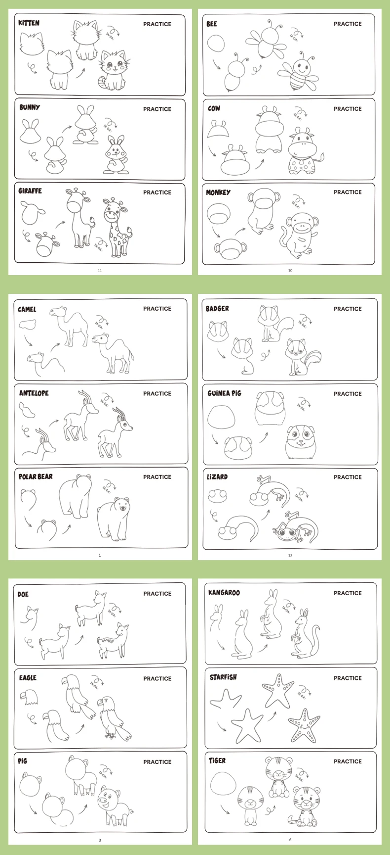 Lustiges Aktivitäts-Zeichenbuch, Tiere, Essen, Alltag, Thema, 4 Stufen, um Zeichnen zu erlernen, Malbuch 96 niedliche Muster – Detail 2