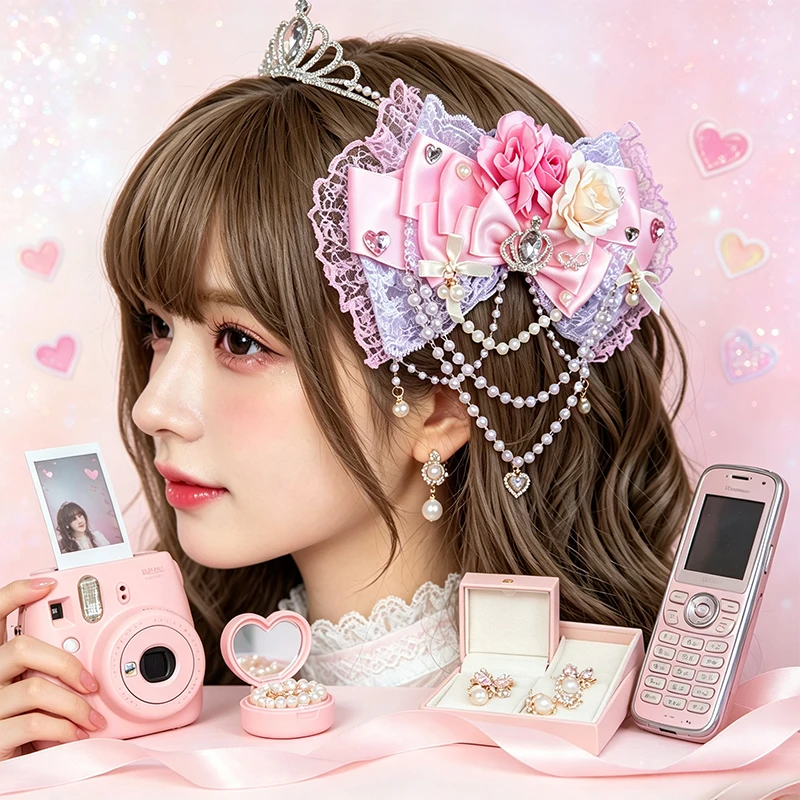 豪華な高級ヘアバレッタ、キュートなギャル風、渋谷系スパイスガール、レースのリボン、ロリータスタイル、花柄、パール、タッセル、ヘアクリップ、パーティー、コスプレ。