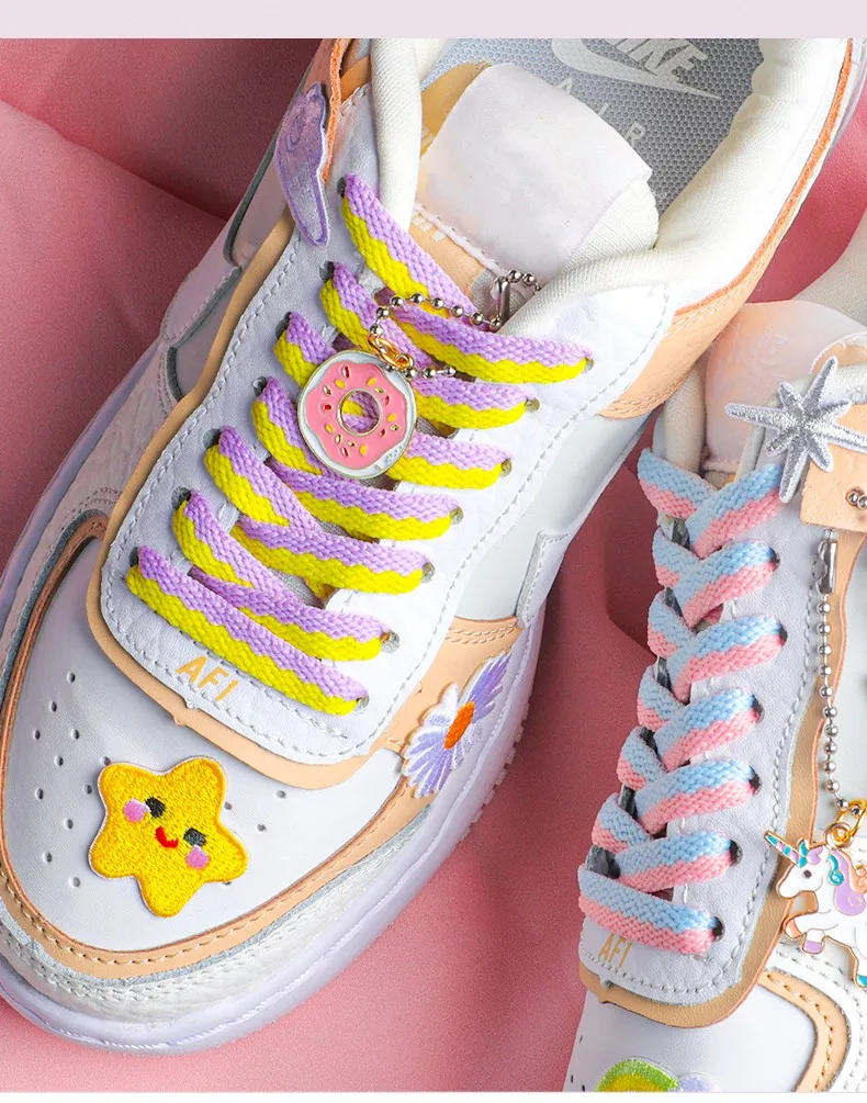 1 Paar flache, farblich abgestimmte Schnürsenkel für Sneaker, Macaron-farbene, hohlgewebte Schnürsenkel, bunte Regenbogen-Schnürsenkel für Damen und Herren. – Detail 5