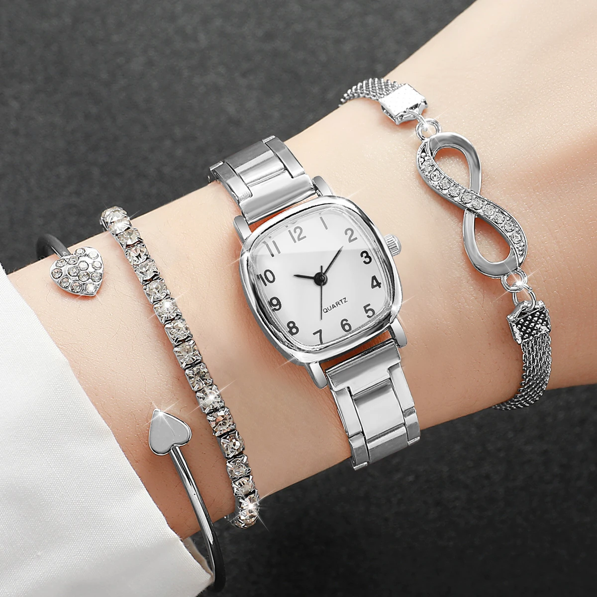4PCS Women's Watch & Bracelet Set Silver Tone Square White Dial Quartz Wristwatch with Rhinestone Heart Infinity Bracelets
