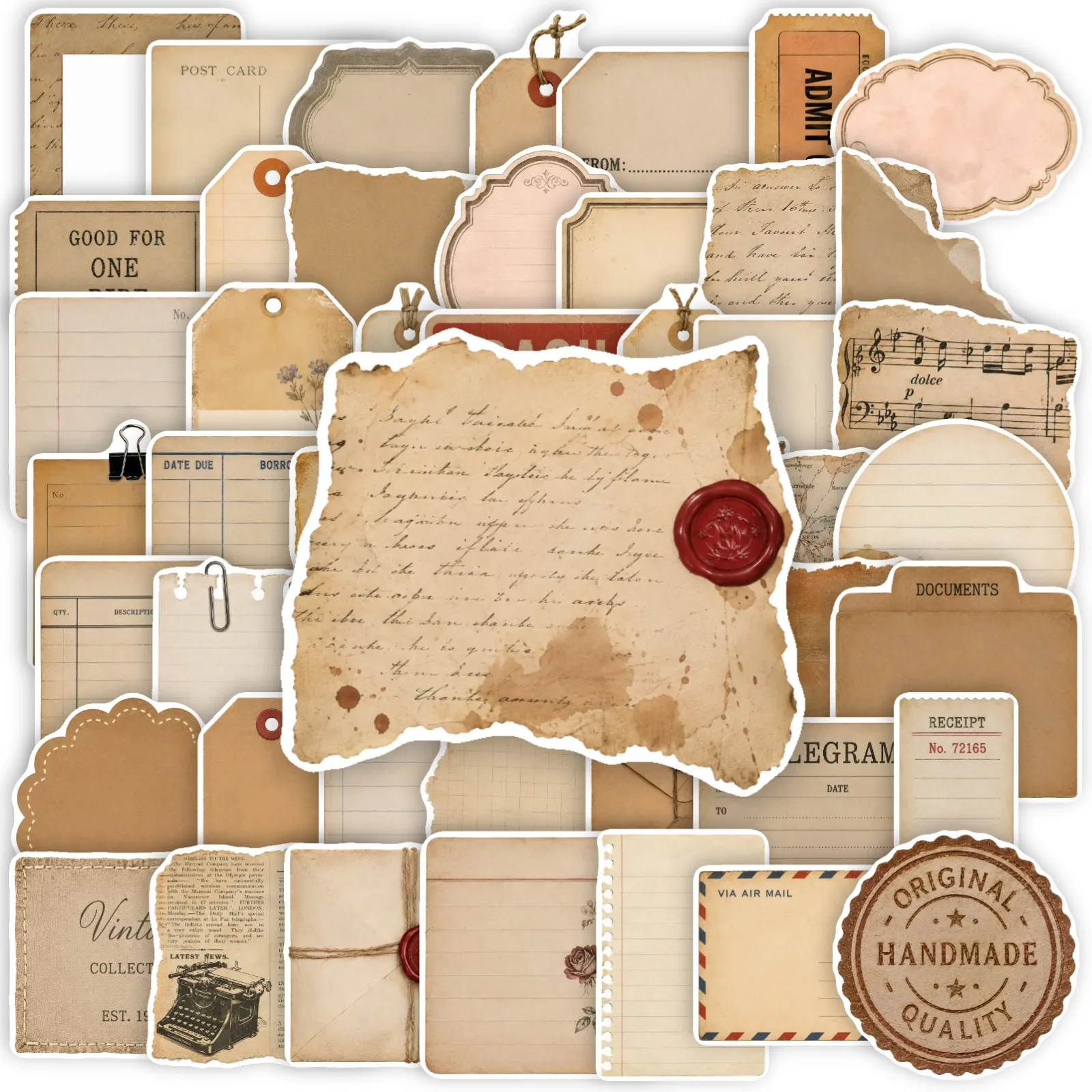 10/30/50PCS Vintage Aged Paper Junk Journal Stickers Torn Manuscript Ticket Postcard Vinyl Decal for Laptop Luggage DIY Sticker
