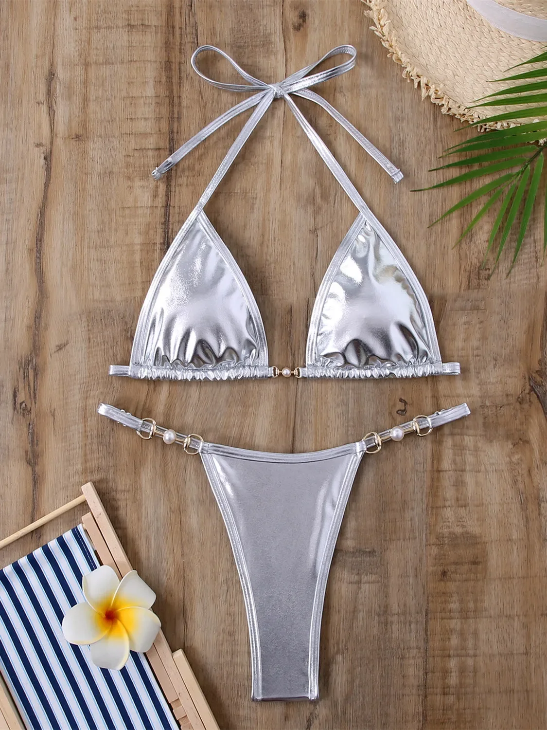 

Sexy Micro Bikini Swimsuit Women 2024 Brazilian Brozing Solid Red Silver Push Up Pearl Thong Swimwear Bathing Suit Bikinis Set