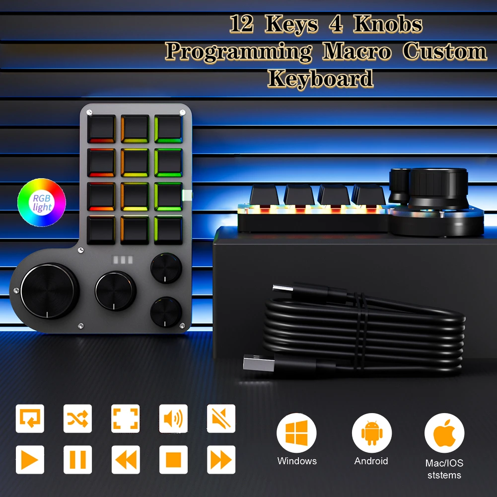 12 Keys 4 Knobs RGB Programming Macro Custom Keyboard USB Wired/Bluetooth-Compatible Mechanical Hot-swap Gaming Keyboard