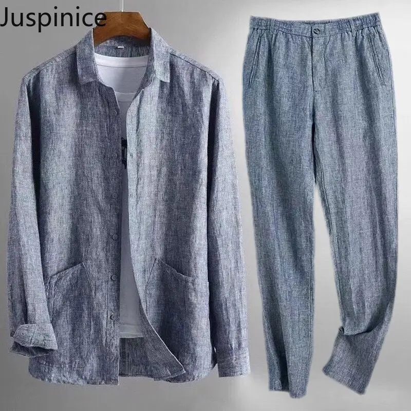 

Spring Summer Linen Shirt Trousers Suit Men's Solid Loose Business Breathable Casual High Street Tops Shirts Male Clothes