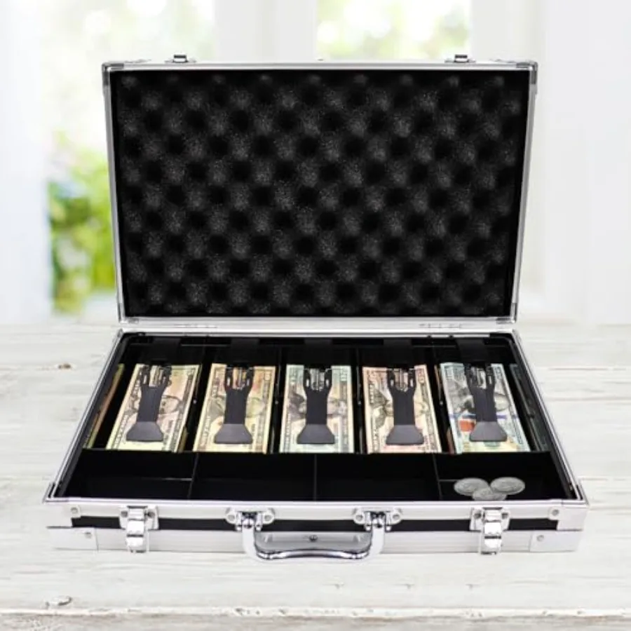

Large Cash Box with Money Tray Lockable Money Box for Cash Large Cash Organizer with 5 Compartment Spring-loaded Cash Trays and