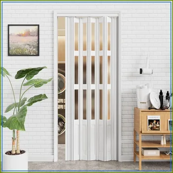 36x80 3-Lite Frosted Glass Accordion Door, Double Layer PVC, with 2 Handles