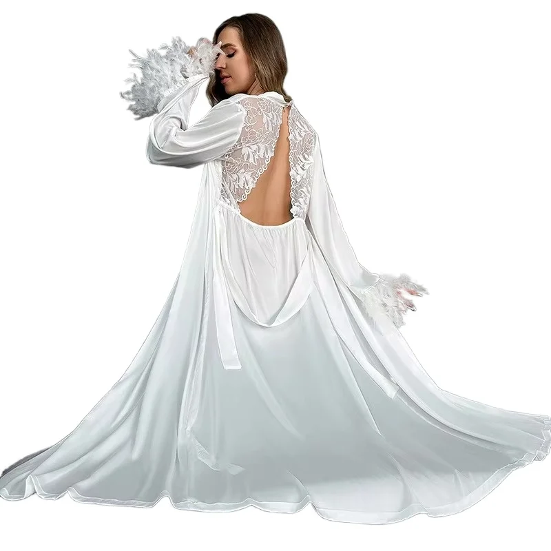Long Satin Bridal Robe Women European Style Feather Cuffs Back Hollow Lace Tie Waist Luxury Wedding Night Robe