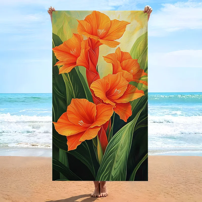 

Пляжное полотенце с оранжевым цветочным принтом, выполненное из мягкой микрофибры, подходит как мужчинам, так и женщинам.