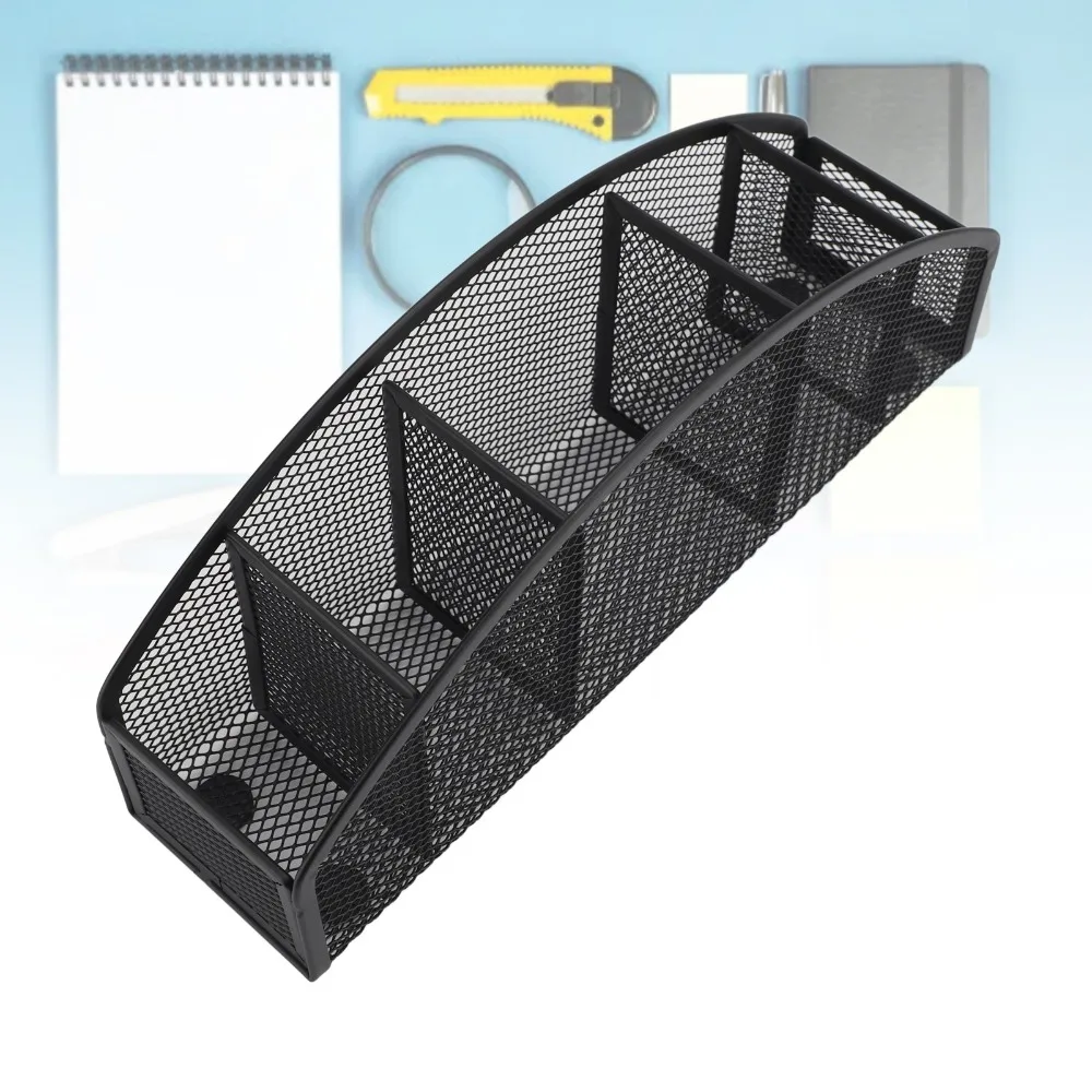 Countertop Holder Black Metal Pen Holder Curved Metal 5 Compartment Storage Box 5 Grid Mesh Mesh Desktop Caddy Makeup Organizing