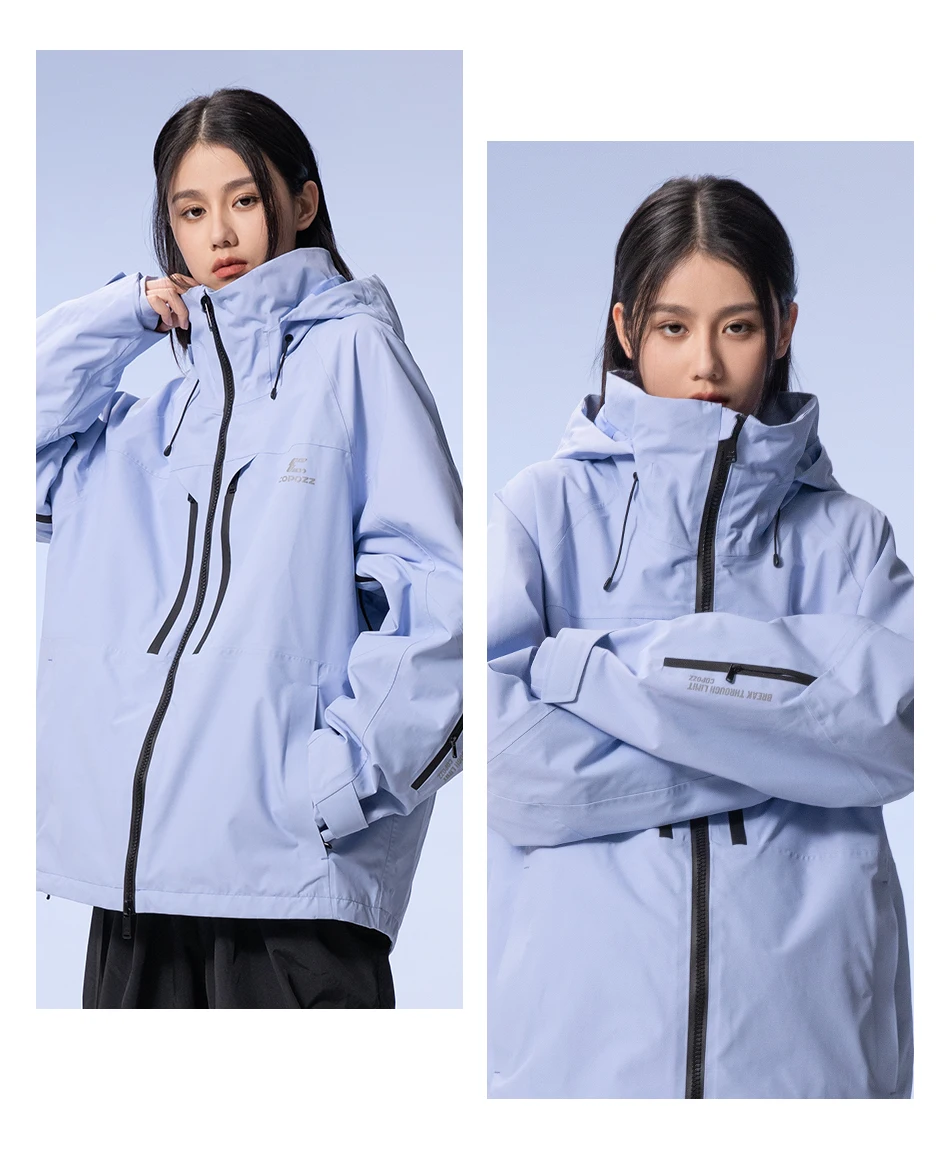 COPOZZ Verdickte 3L Skijacke für Herren und Damen, winddicht, wasserdicht, Winter-Ski-Mantel, Skibekleidung, einfarbig, mit Kapuze, warmer Snowboard-Skianzug – Detail 17