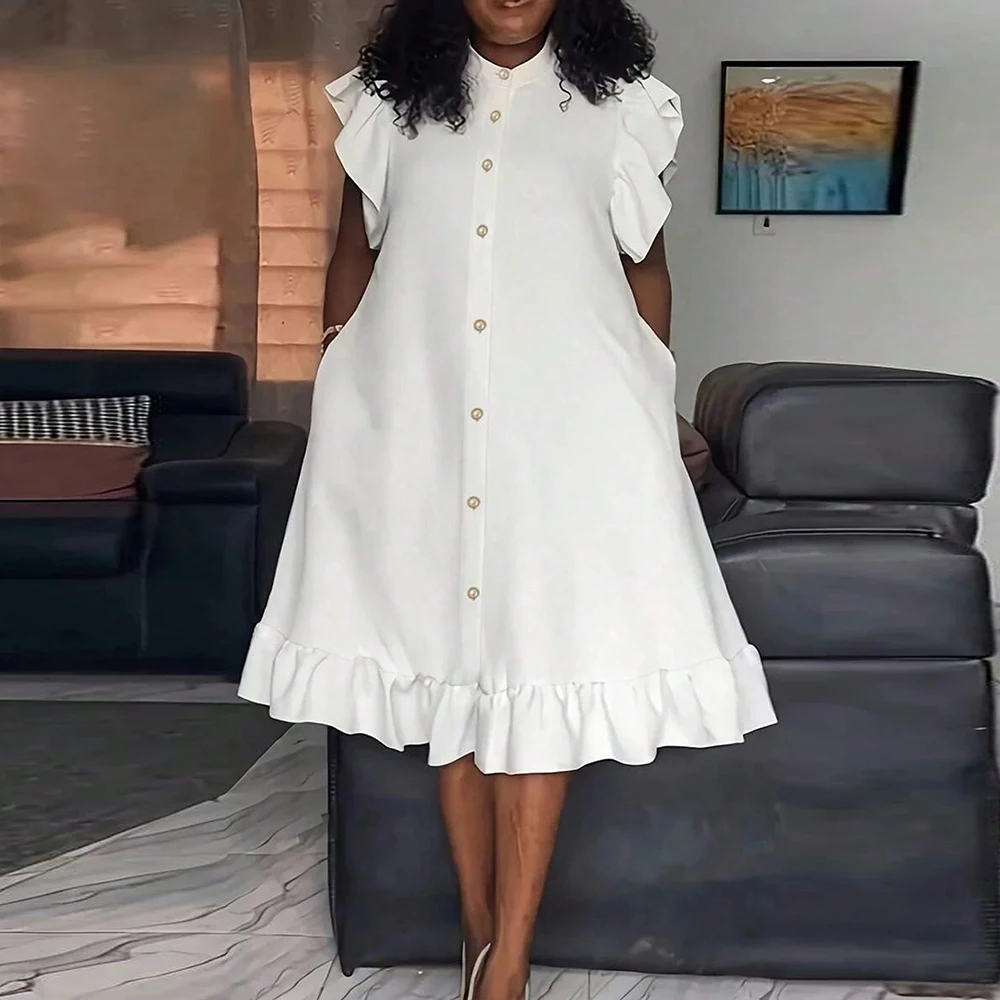 

Plus Size Elegant Ruffle Women Dress Solid Sleeveless Crew Neck Single Breasted Summer Knee-Length Vacation Casual Sweet Dresses