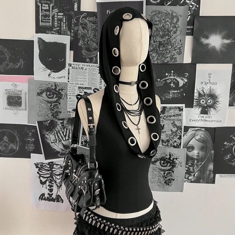 Y2K Gothic HipHop Punk Style Ärmelloses Tanktop mit Kapuze und Halsband, Sommer Retro High Street Casual Slim Fit Vielseitiges Tanktop